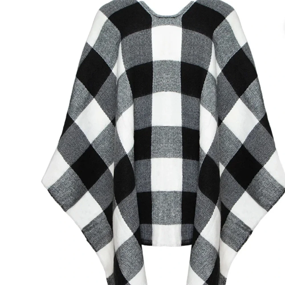 Summer and Rose Black and White Check Cape with Toggle Closure